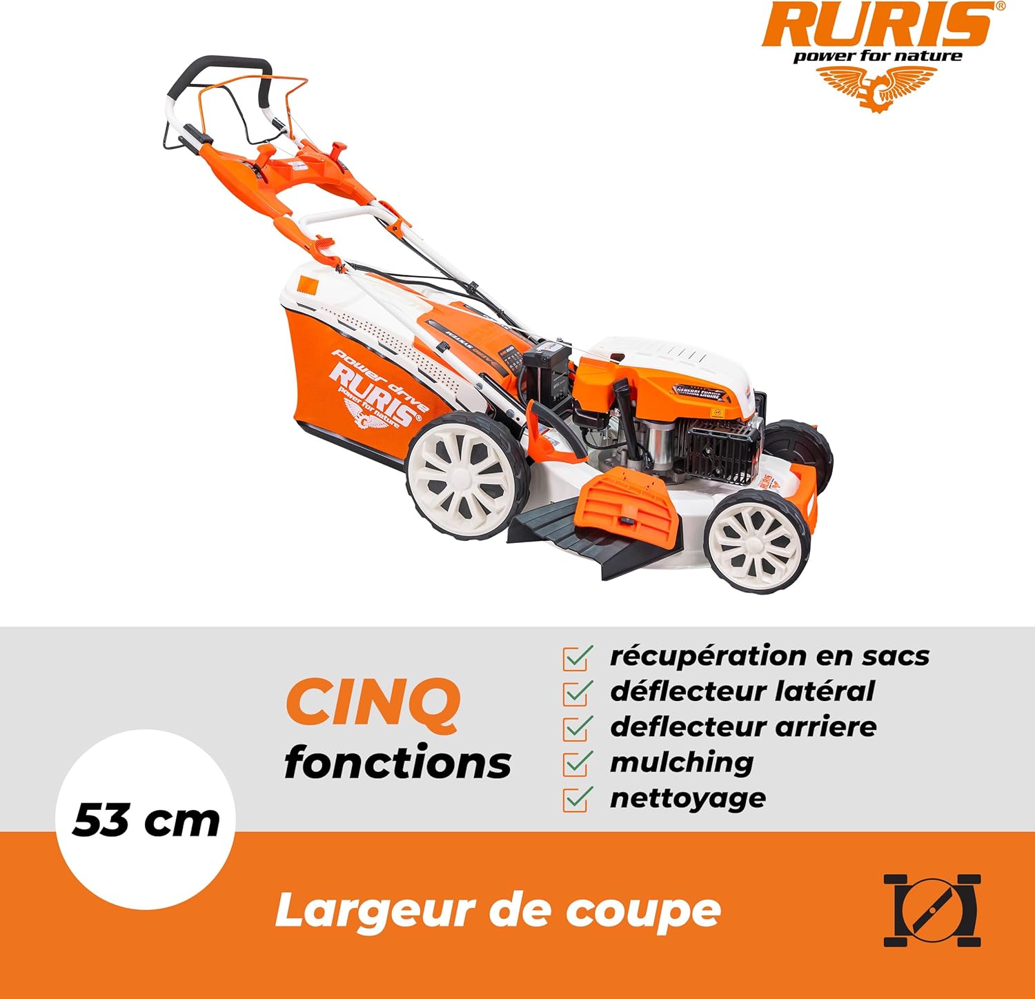 RURIS POWER FOR NATURE Tondeuse à Gazon Thermique 5 en 1 Mulching 5,7 CV 196cc RX500S, Orange