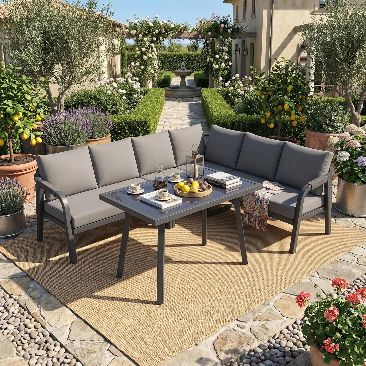 Sapgaks - Ensemble Salon de jardin 6 places, acier, dossiers tressés - M-Gris