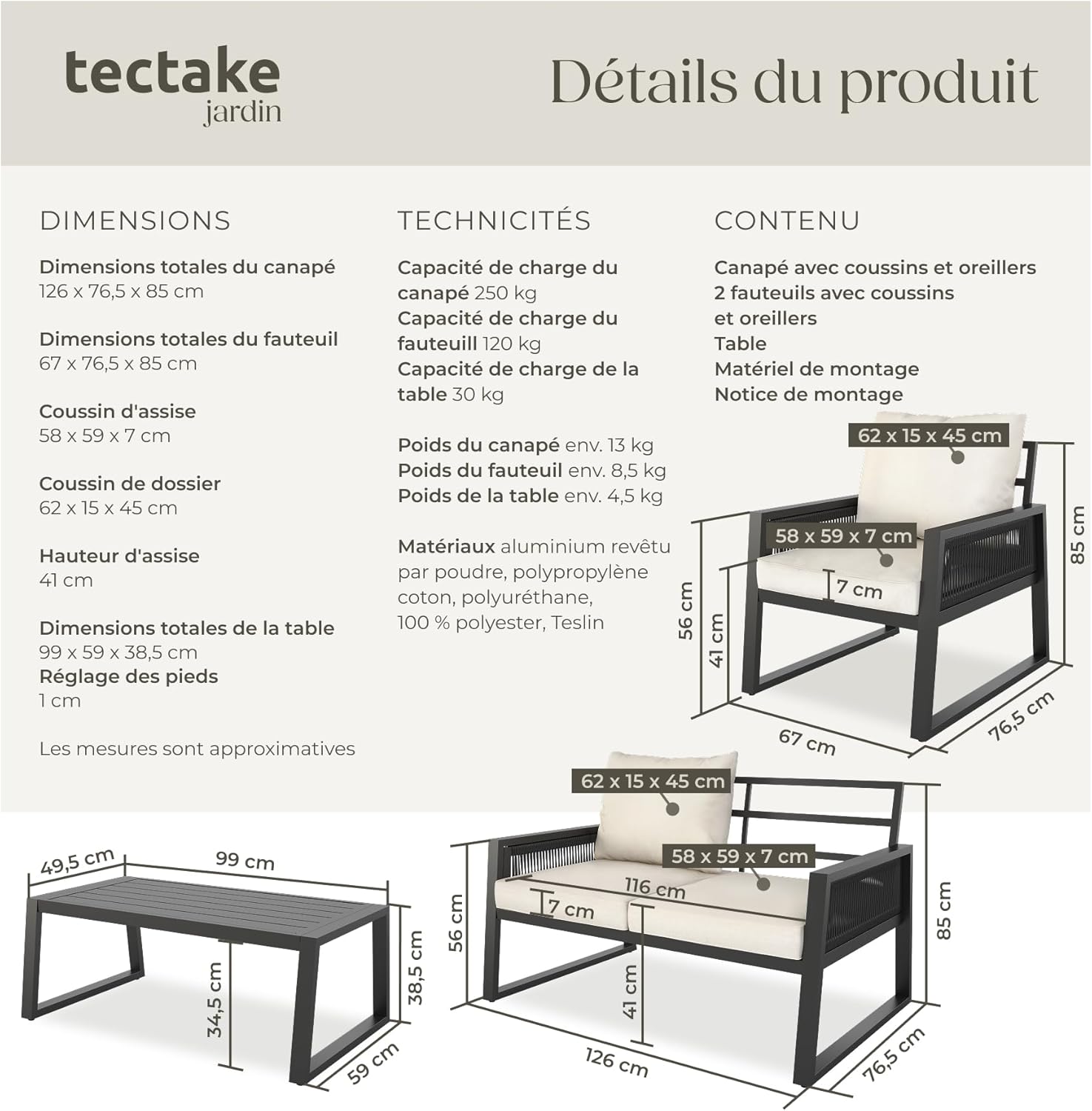 tectake - Salon jardin alu 4 places, canapé, fauteuils, table, coussins inclus
