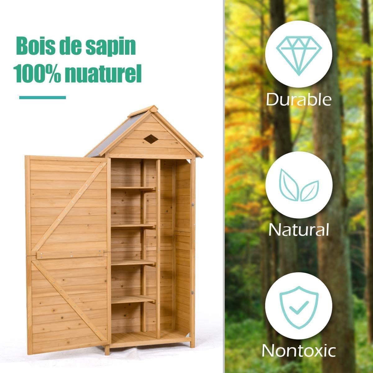 RELAX4LIFE Abri de Jardin en Bois de Sapin avec Porte Verrouillable, Toit Galvanisée,5 Étagères et Compartiment, Cabanon Jardin Extérieur
