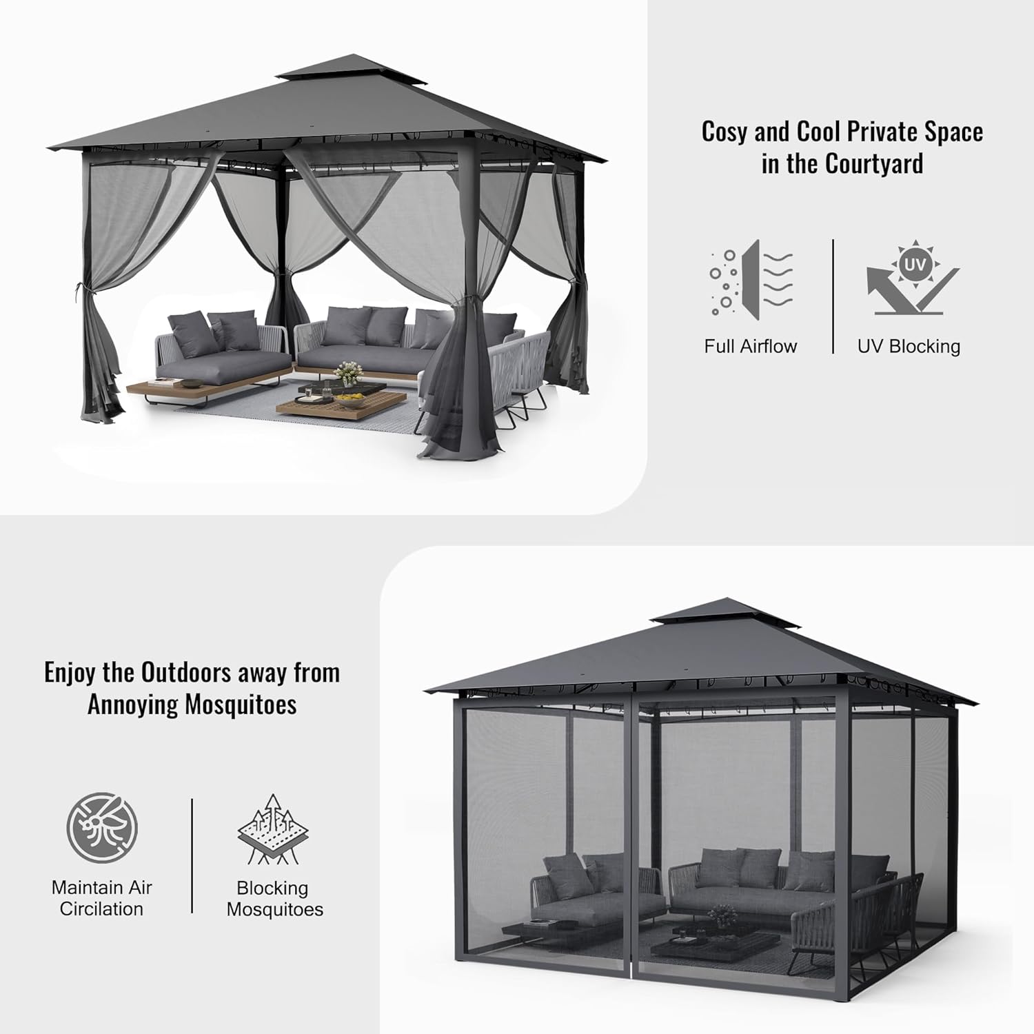 UDPATIO - Double Toit, 3.4x3.4m - Métallique, moustiquaire, gris