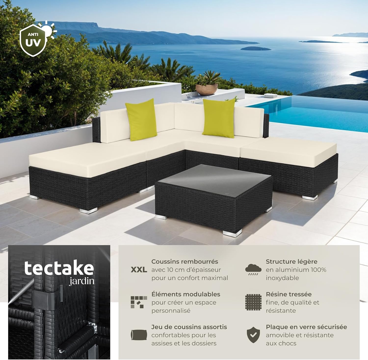 tectake - Salon de jardin XXL modulable - 5 places - poly rotin, table, poufs