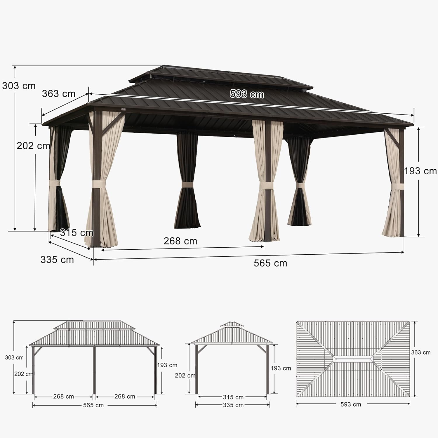 PURPLE LEAF - pergola double toit rigide 6x3,65m, aluminium, guirlande, rideaux