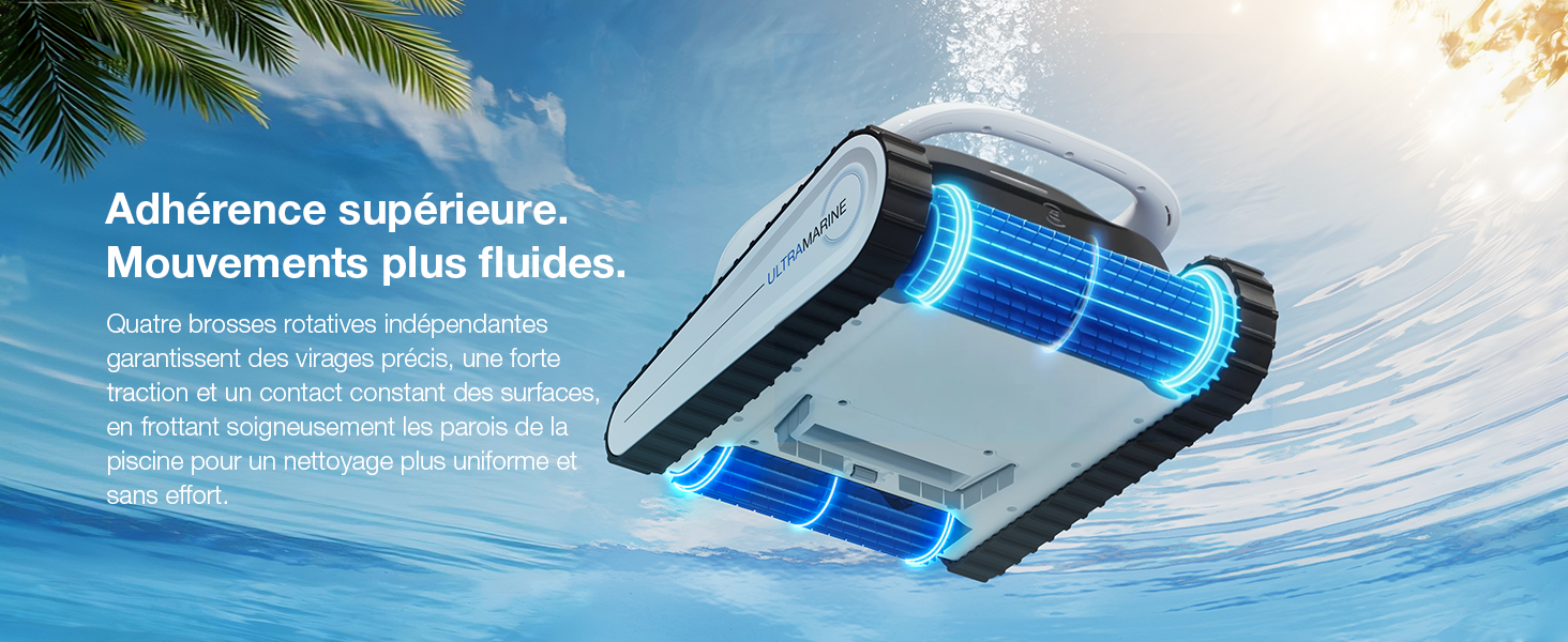 Le texte se lit comme suit : « Adhérence supérieure » et « Mouvements plus fluides ». Image publicitaire du produit montrant la technologie de la piscine avec des effets d'eau bleue.