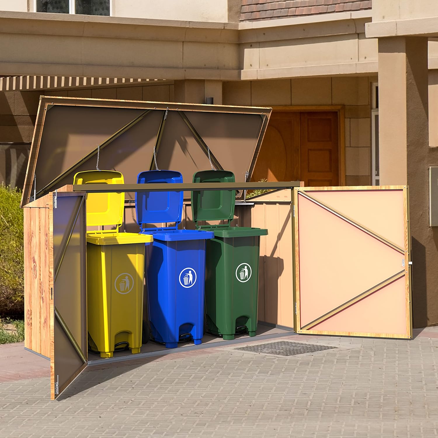 Duramax abri pour poubelles pour 3 avec ouverture par le haut et portes doubles verrouillables, abri de jardin en métal, cachettes pour poubelles, Abri pour poubelles, 214x101x133 cm, grain de bois