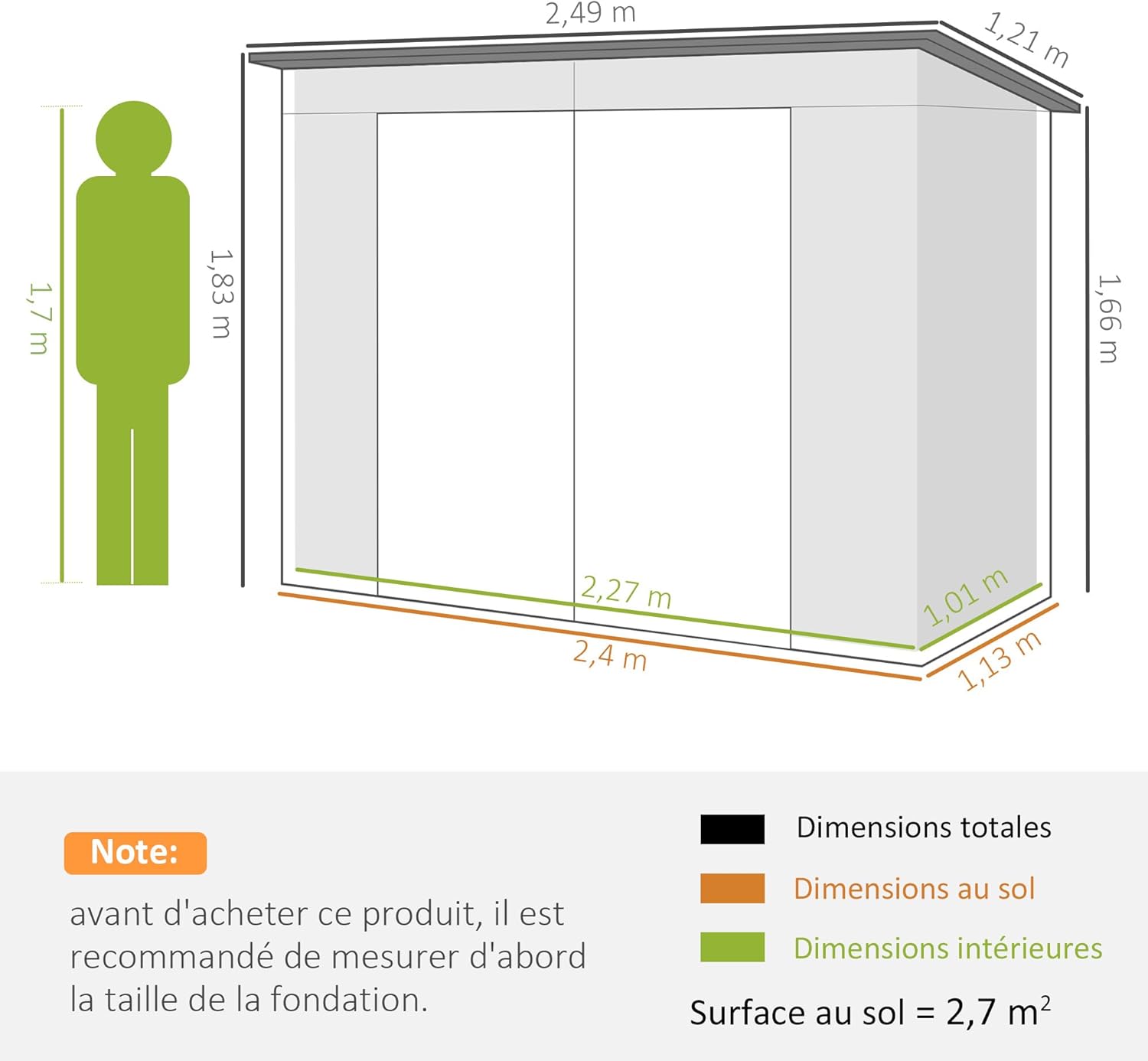Outsunny - abri de jardin métal 3 m² - acier, portes verrouillables, aération, gants - 249x121x183 cm