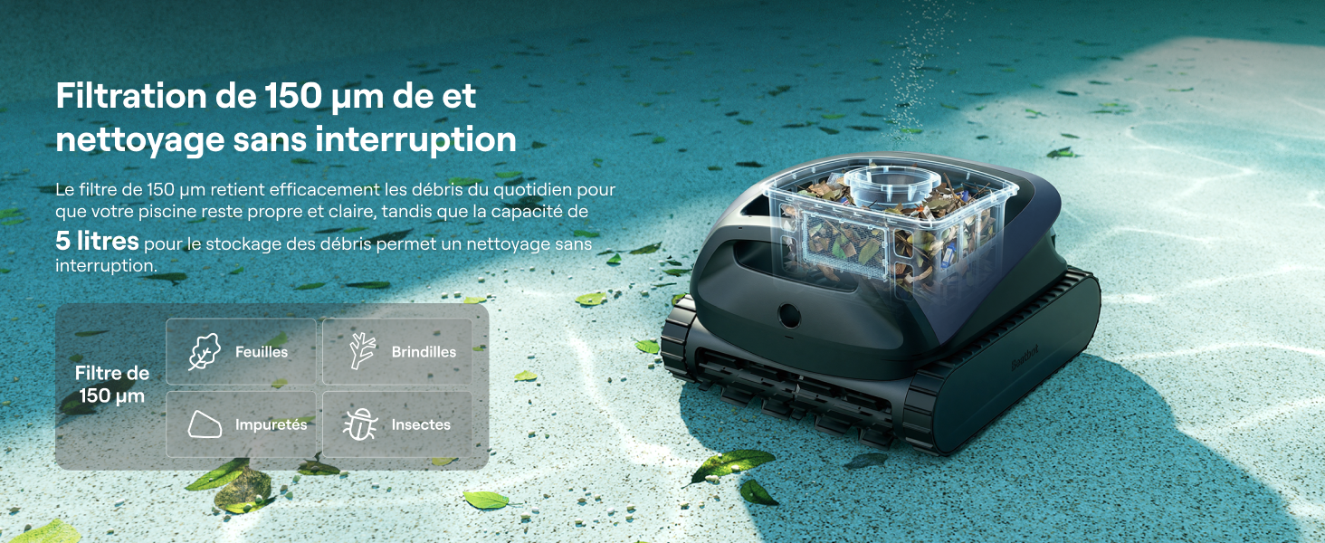Le texte indique « Filtration de 150 μm de et ». Système de filtration sous-marine ou pompe présenté en aquarium avec spécifications techniques.