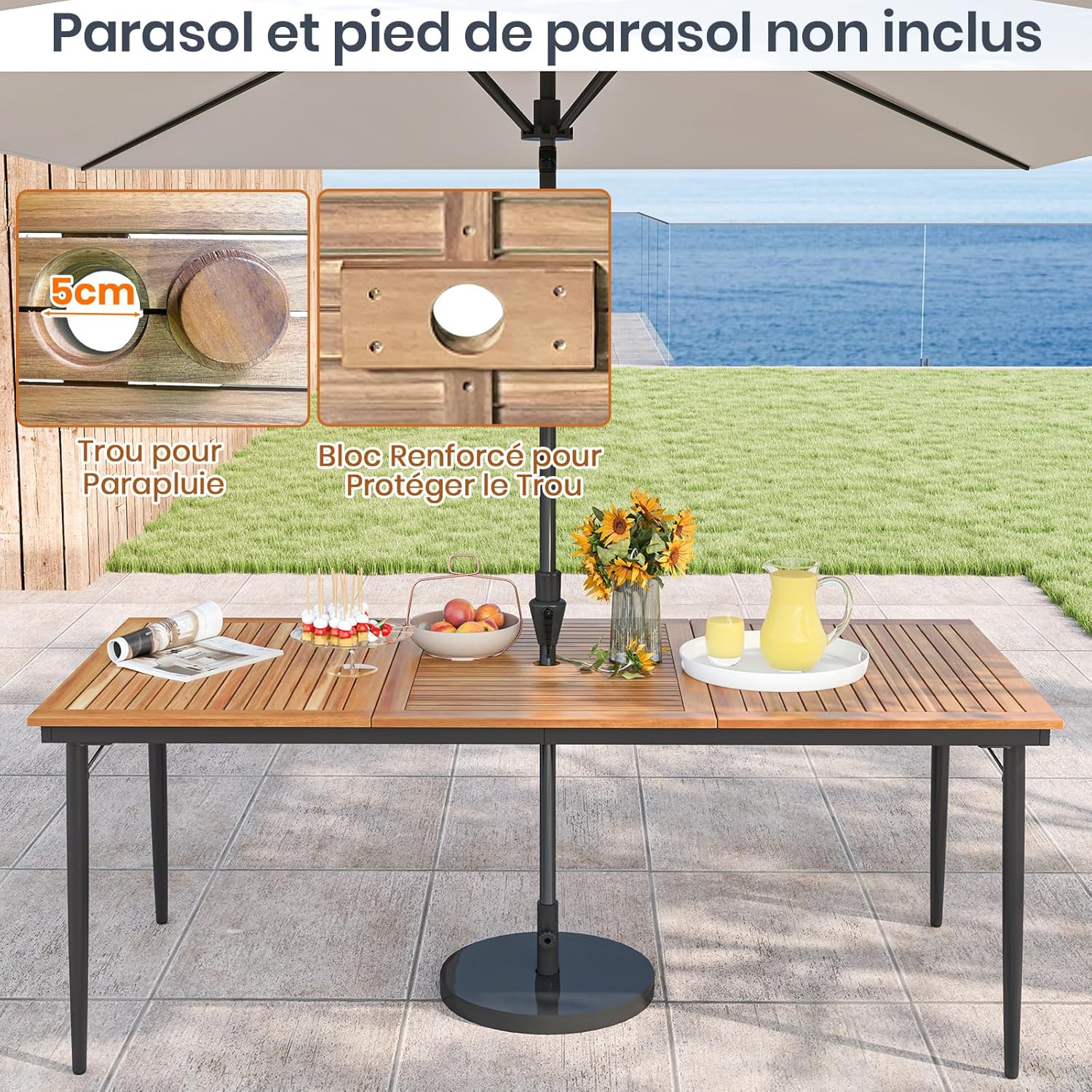 GOPLUS - Table de jardin 8 personnes - 190x90cm - bois acacia, trou parasol 5cm, pieds métal, charge 75kg