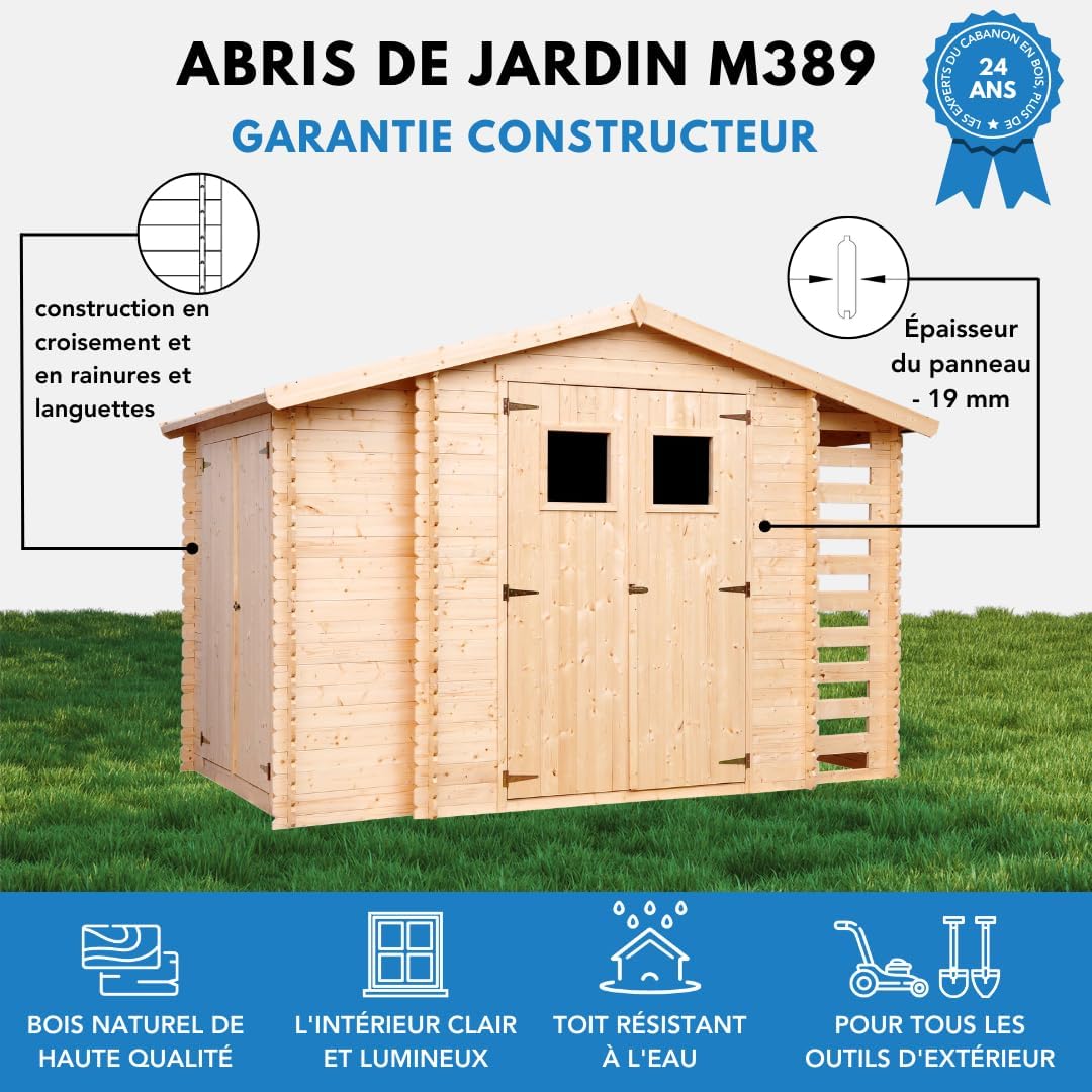 Timbela - abri de jardin bois, 328x206x218cm, toit étanche, fenêtres M389