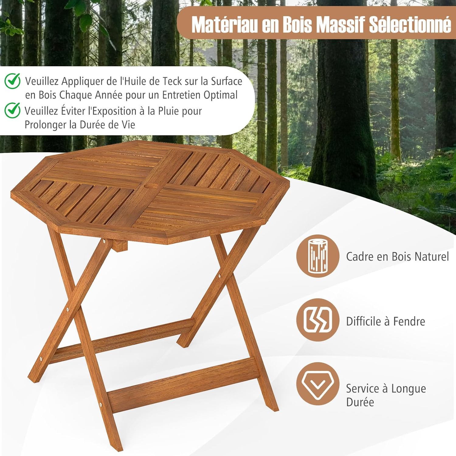 GOPLUS - Table de jardin octogonale - 90x72cm - bois, plateau lattes, trou de parapluie, charge 30kg