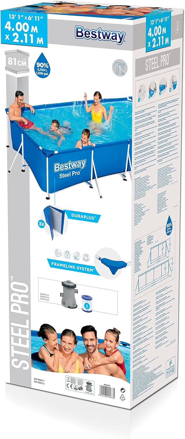 Bestway – Steel Pro – Piscine rectangulaire pour Enfant – avec Cadre en Acier et Pompe filtrante Piscine pour Enfant. 400 x 211 x 81 cm Bleu