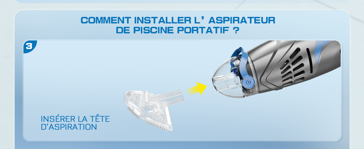 Le texte se lit comme suit : « COMMENT INSTALLER L'ADAPTATEUR DE PISCINE PORTABLE ». L'image du produit montre un adaptateur de pompe de piscine portable avec un schéma d'instructions et une bannière de fond bleu.