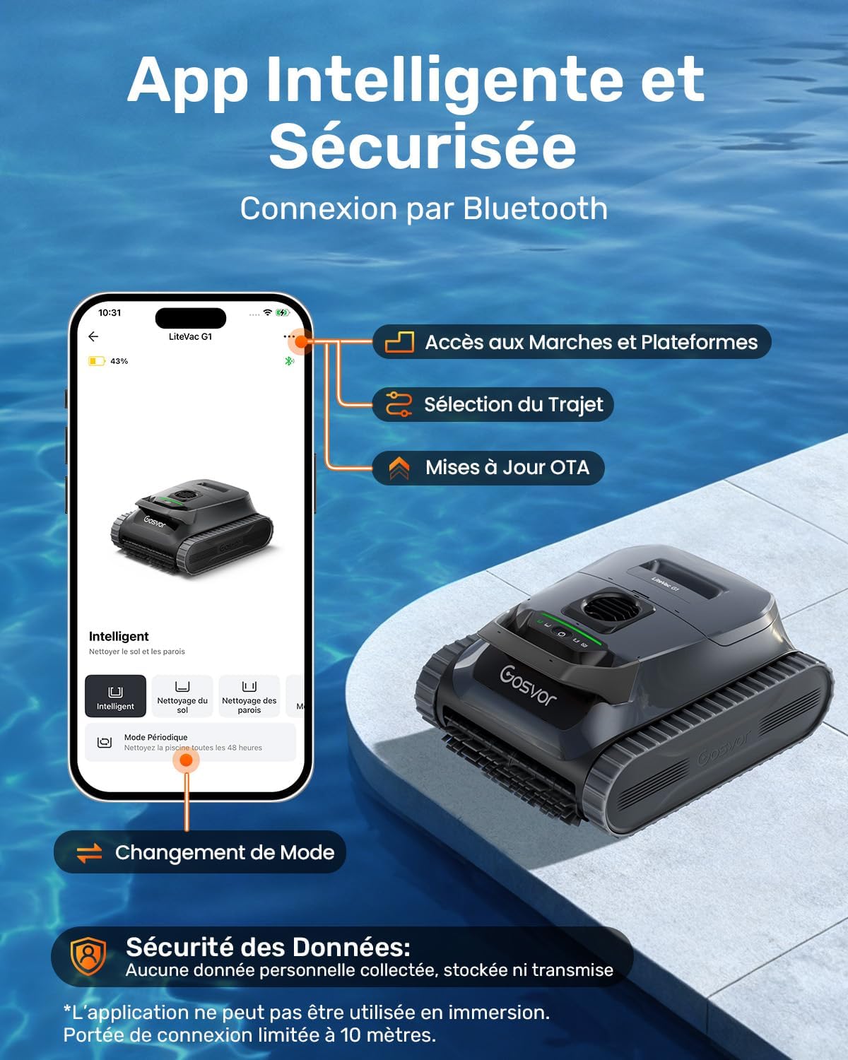 Gosvor (2026 Nouveau) LiteVac G1 Robot Piscine Fond et Parois, 6,9 kg Ultra Léger, Jusqu’à 200 Min d’Autonomie, Double Filtration, Navigation Intelligente & App, pour Piscines Jusqu’à 200 m²