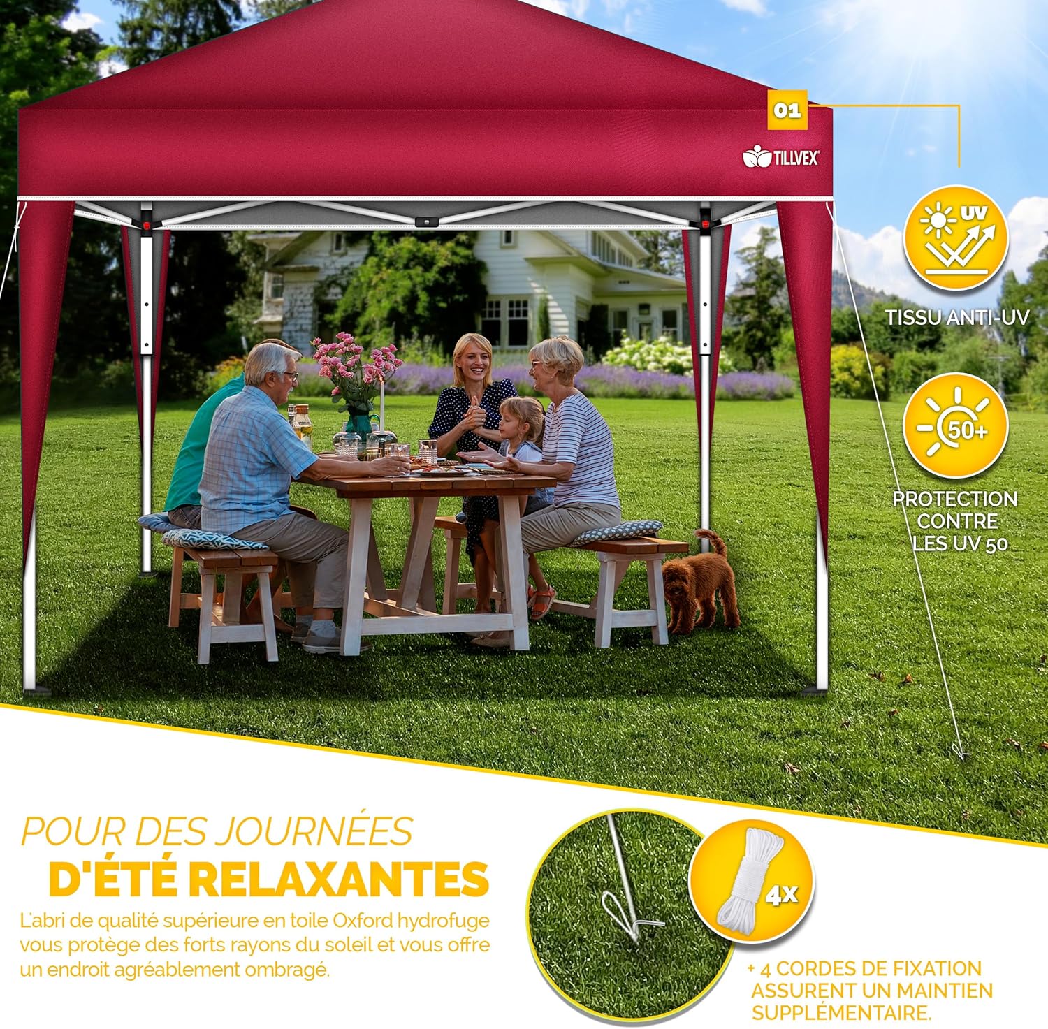 tillvex - Tonnelle pliante réglable 3x3m - UV50+ sac jardin