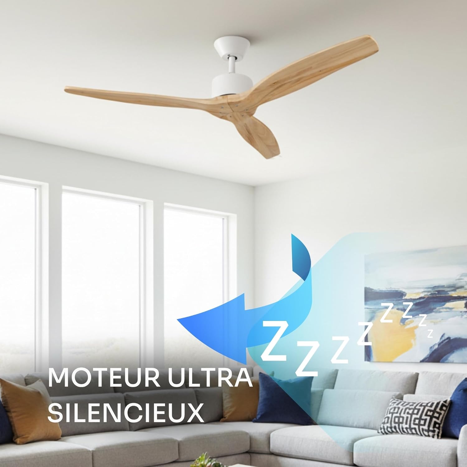 Mellerware - Ventilateur de plafond avec télécommande Brizy! 45W | Puissant | Ultra silencieux | 3 lames | Diamètre 132cm | 6 vitesses | Refroidissement + LED intégrée | Bois clair