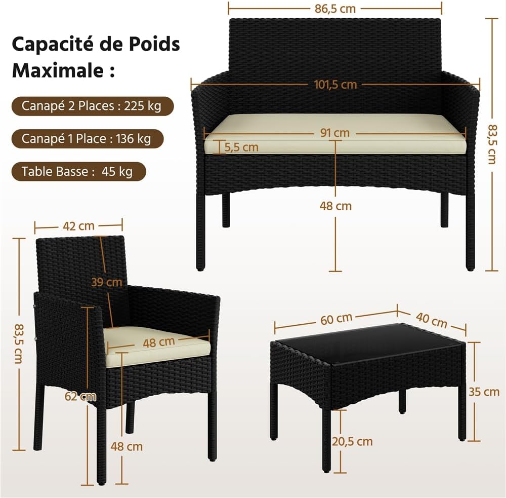 Yaheetech - Salon de jardin 4 places, polyrotin métal, canapé, fauteuils, table, coussins