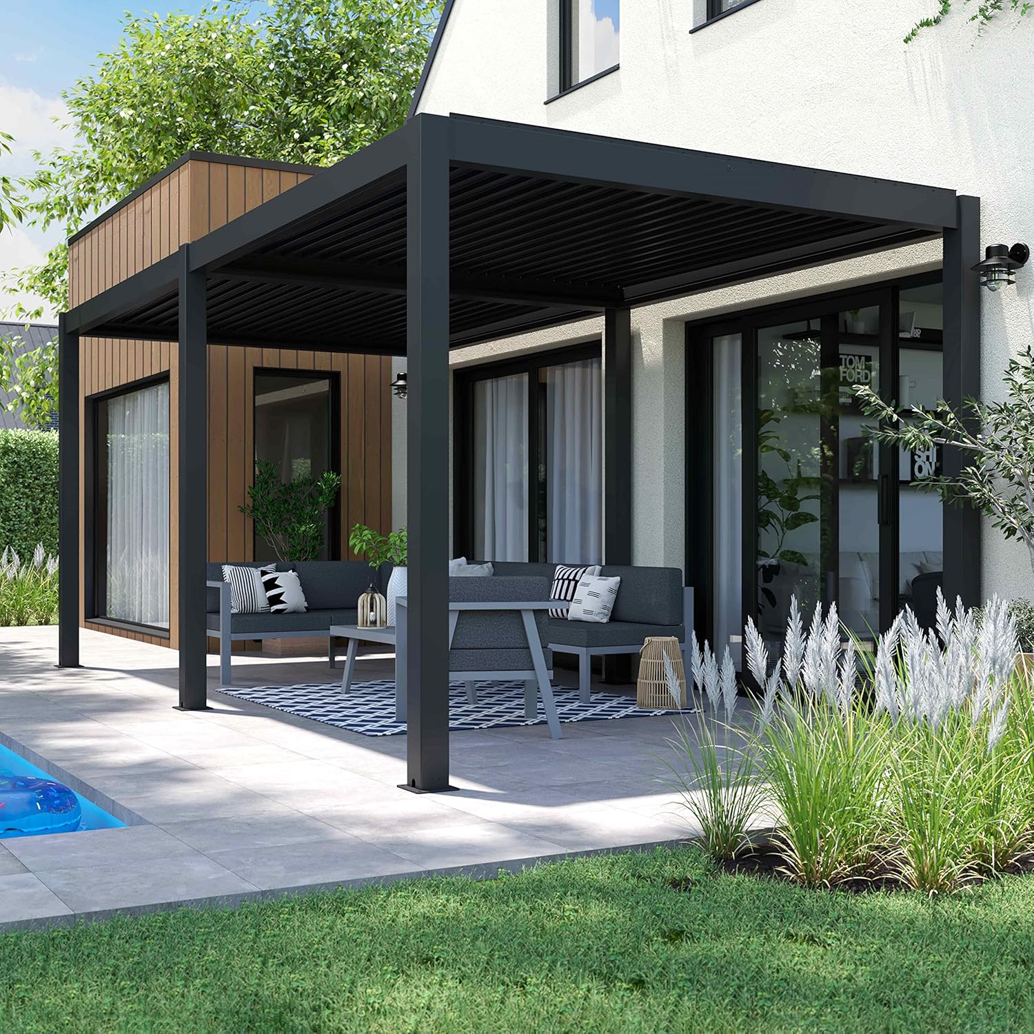 Oviala - Pergola bioclimatique autoportée - 3x6m - 4 stores gris