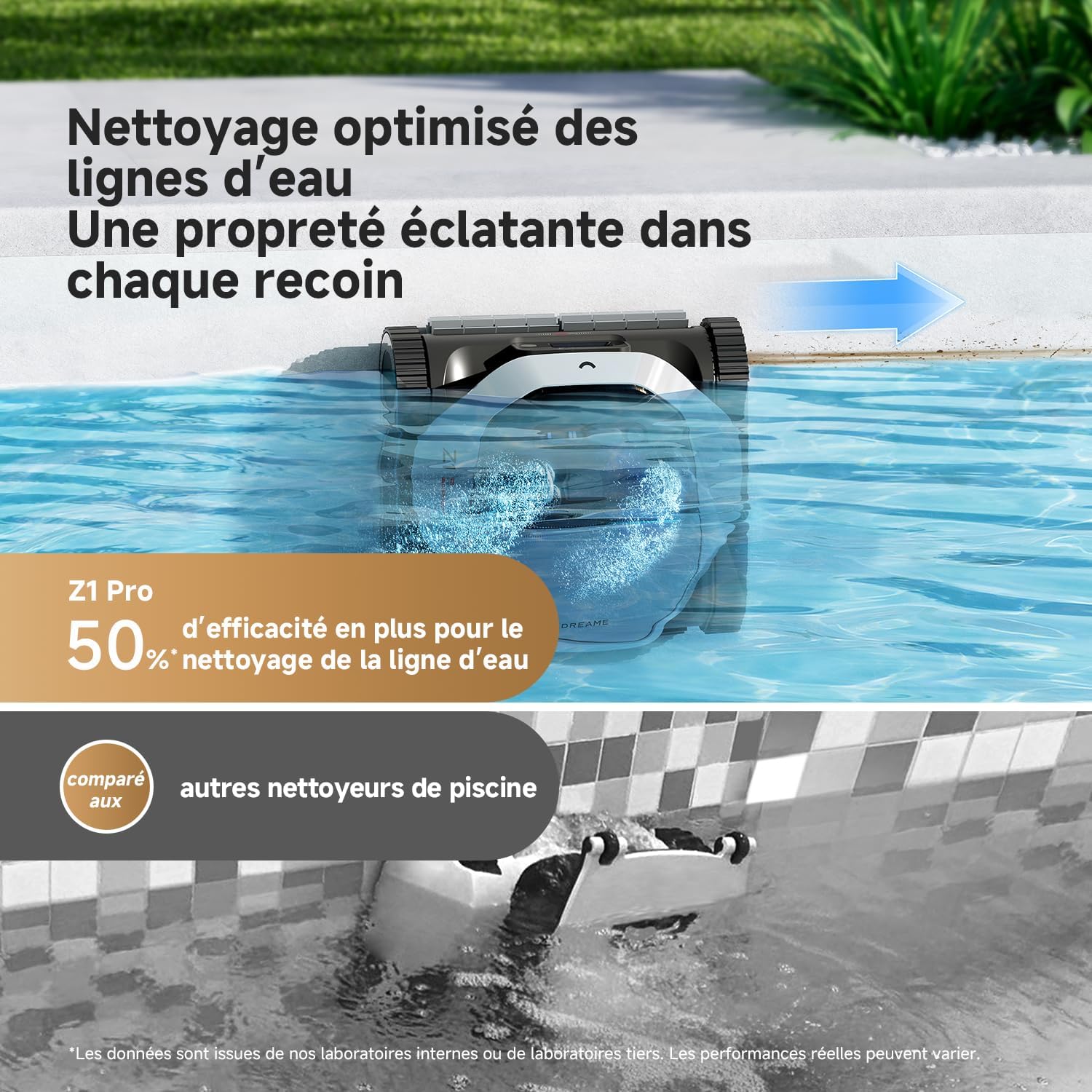 DREAME Z1 Pro Robot Piscine sans Fil, Puissance d'Aspiration 30 000 LPH, Nettoyage du Fond, Parois et Ligne d'eau, Télécommande Manuelle, 240 Min, Jusqu'à 200 m²