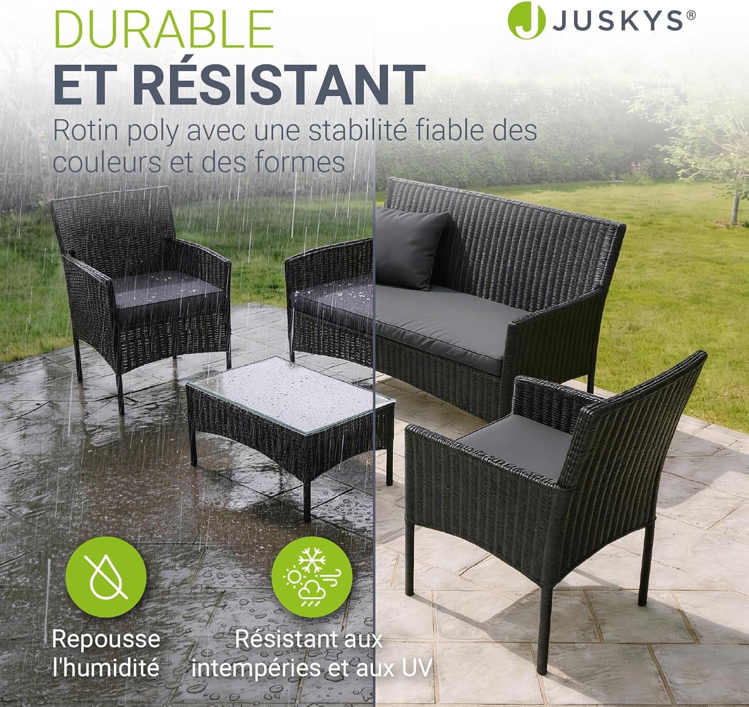 Juskys - Fort Myers salon 4 places - canapé, 2 fauteuils, table, coussins