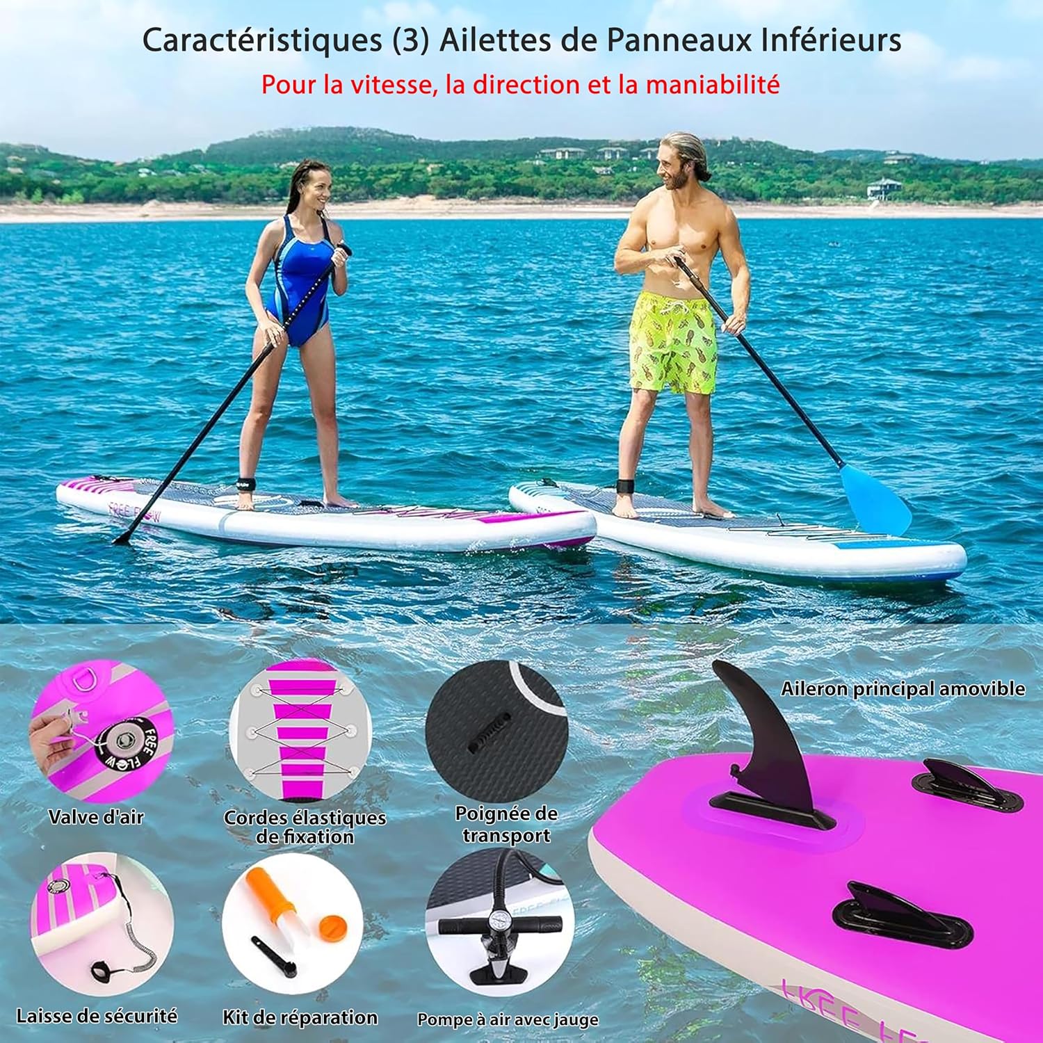 SereneLife Stand Up Paddle Gonflable Adulte 6” – Planche de Paddle avec Accessoires Sup, Sac de Transport, Pont Antidérapant, pour Mer, Lac, Rivière