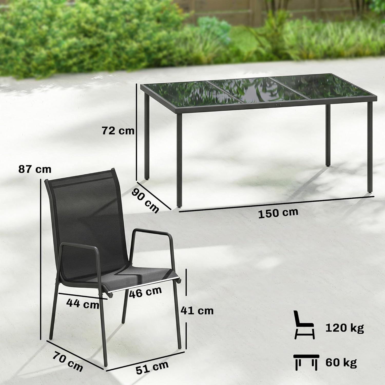 Outsunny - salon de jardin 6 places - table verre trempé, chaises empilables, textilène, noir