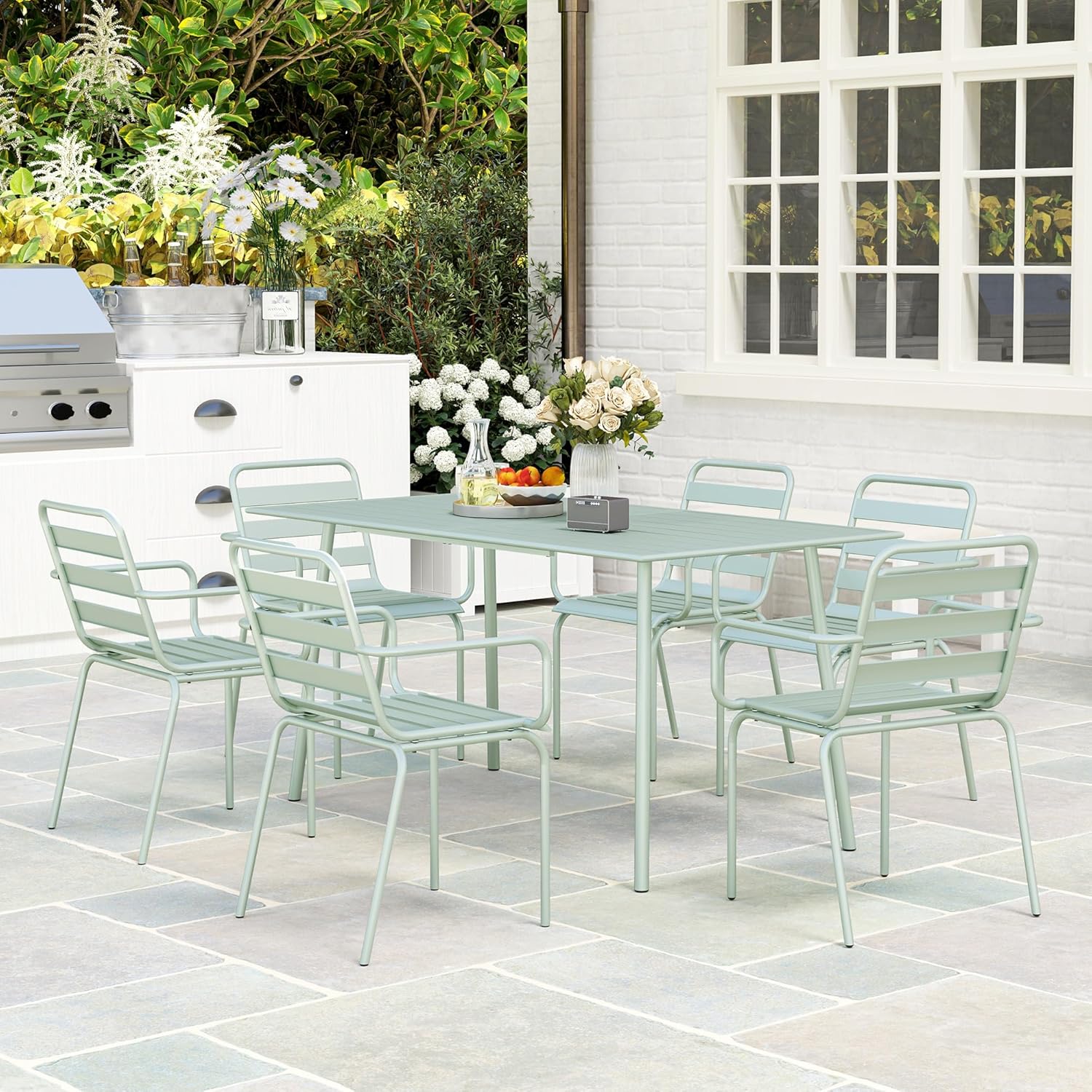 Outsunny - Salon de jardin 7 pièces - Table + 6 chaises acier vert clair - Empilables, extérieur