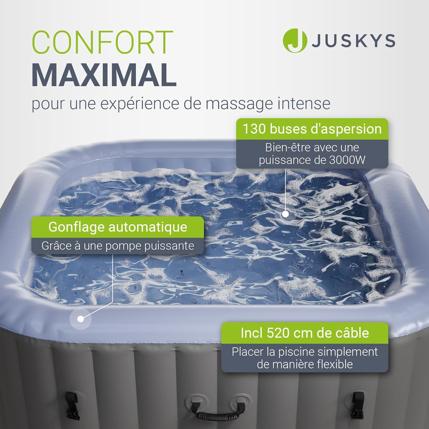 JUSKYS® Bain à remous SpaLuxe – Structure extérieure, 130 Buses, Puissance Totale 3000 W, modèle Gris/Bleu