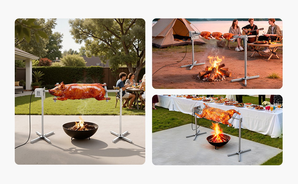 Plusieurs scènes extérieures montrant la configuration et l'utilisation d'un gril de rôtisserie, montrant la cuisson de la viande à feu nu en extérieur.