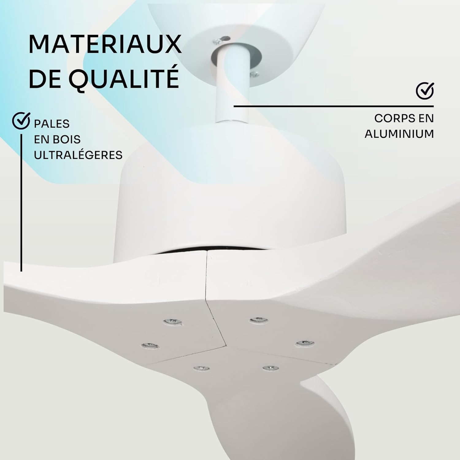 Mellerware - Ventilateur de plafond avec télécommande Brizy! 45W | Puissant | Ultra silencieux | 3 lames | Diamètre 132cm | 6 vitesses | Refroidissement + LED intégrée | Blanc