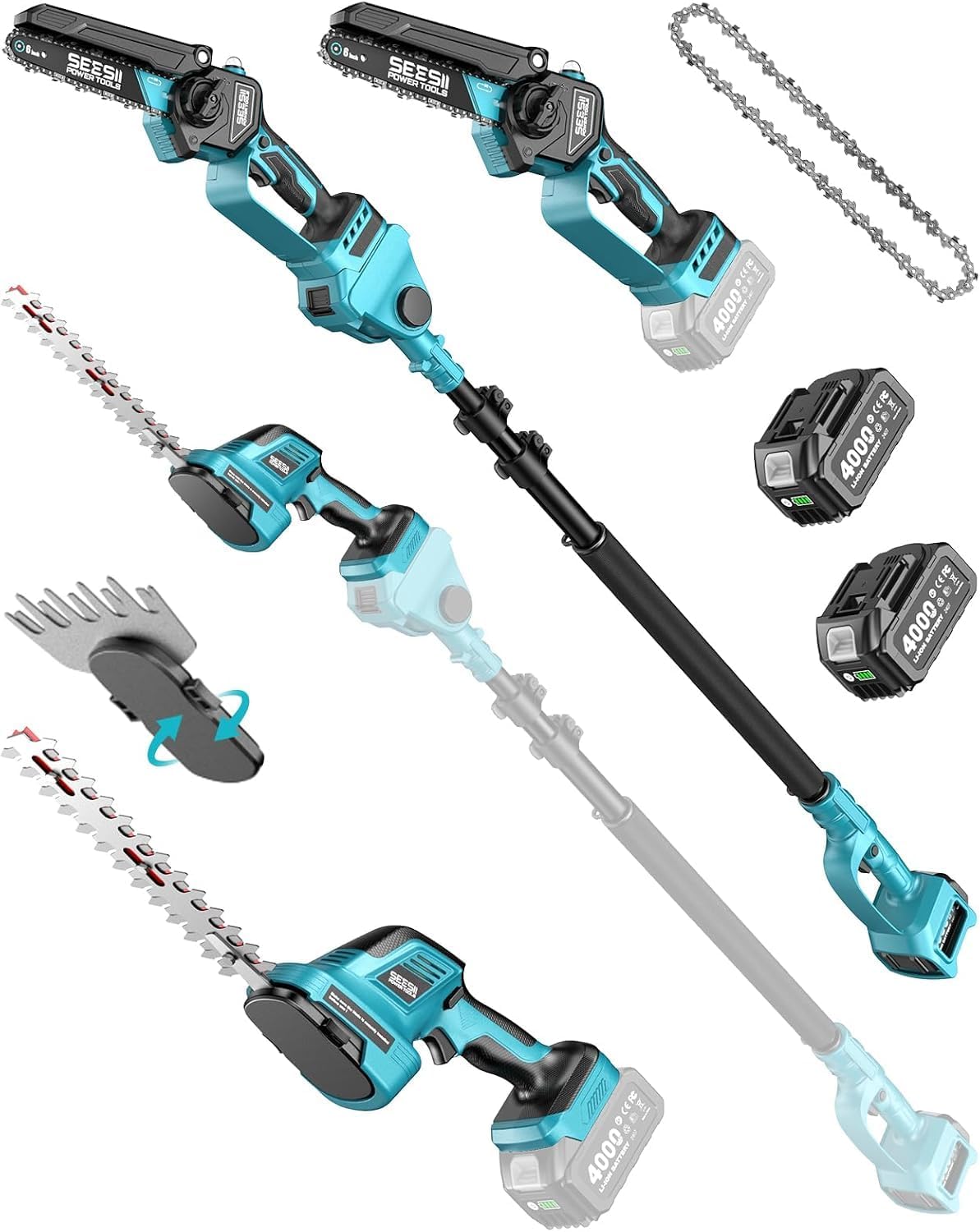 SEESII 6-en-1 Mini Tronçonneuse & Taille-haie, avec 2 * 4000mAh Batteries, Tronconneuse Electrique à Perche Télescopique, Portée Maximale Jusqu'à 4,57m, à 30 ML Bouteille d'huile