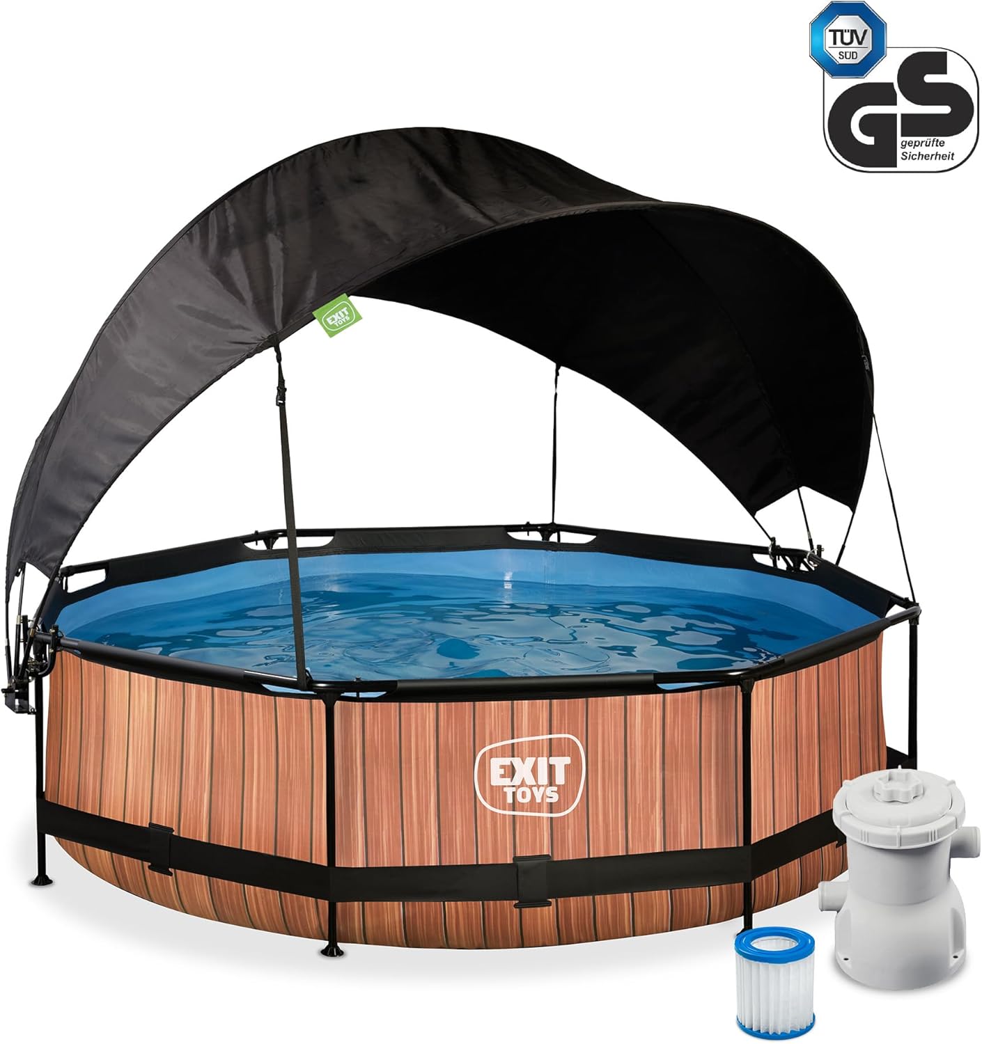 EXIT Toys - Piscine Wood série - ø300x76cm - voile d’ombrage, pompe filtrante, UV, entrée basse - Marron