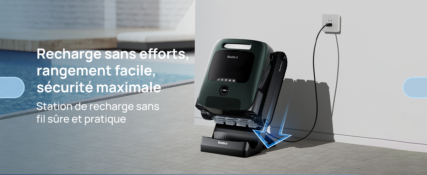 Borne de recharge ou station d'accueil noire avec fonction de recharge sans fil, affichée sur fond gris avec un texte en français expliquant la facilité de rangement et la sécurité.