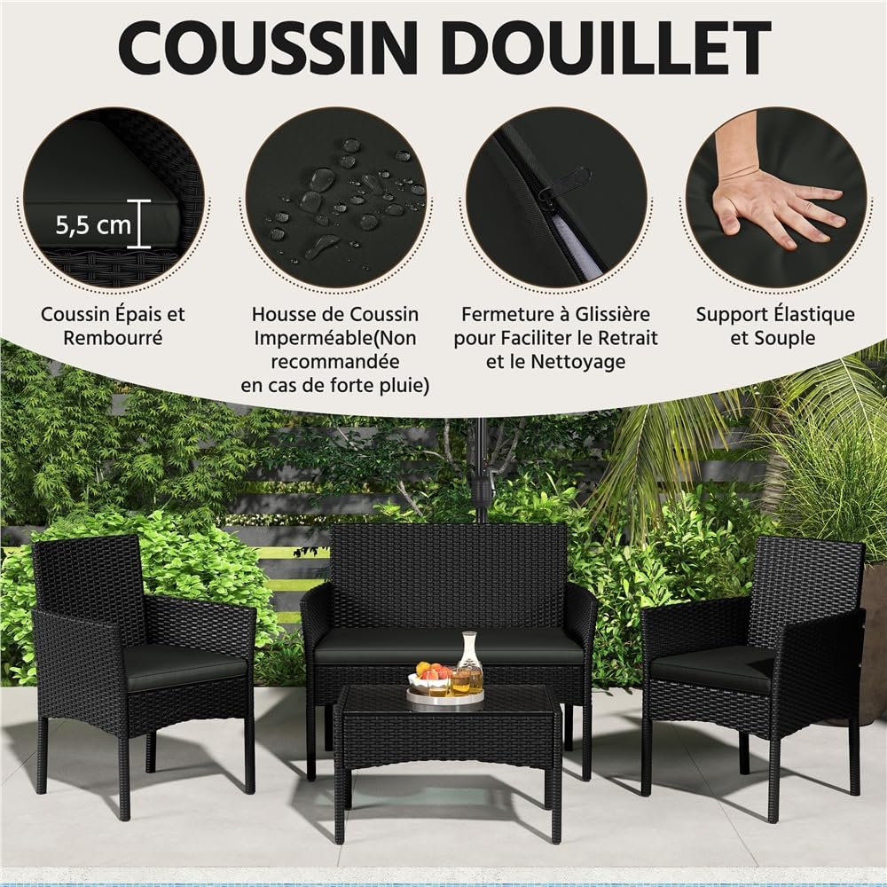 Yaheetech - Salon de jardin 4 places - polyrotin métal, coussins, canapé, fauteuils, table, extérieur