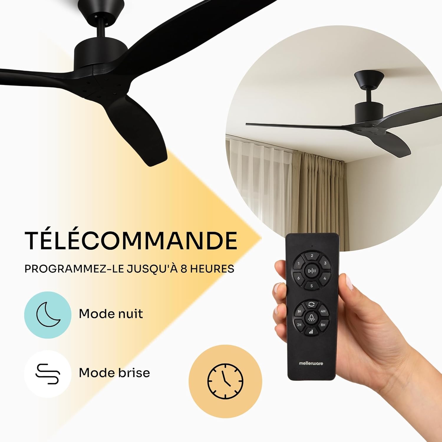 Mellerware - Ventilateur de plafond avec télécommande Brizy! 45W | Puissant | Ultra silencieux | 3 lames | Diamètre 132cm | 6 vitesses | Refroidissement + LED intégrée | Noir