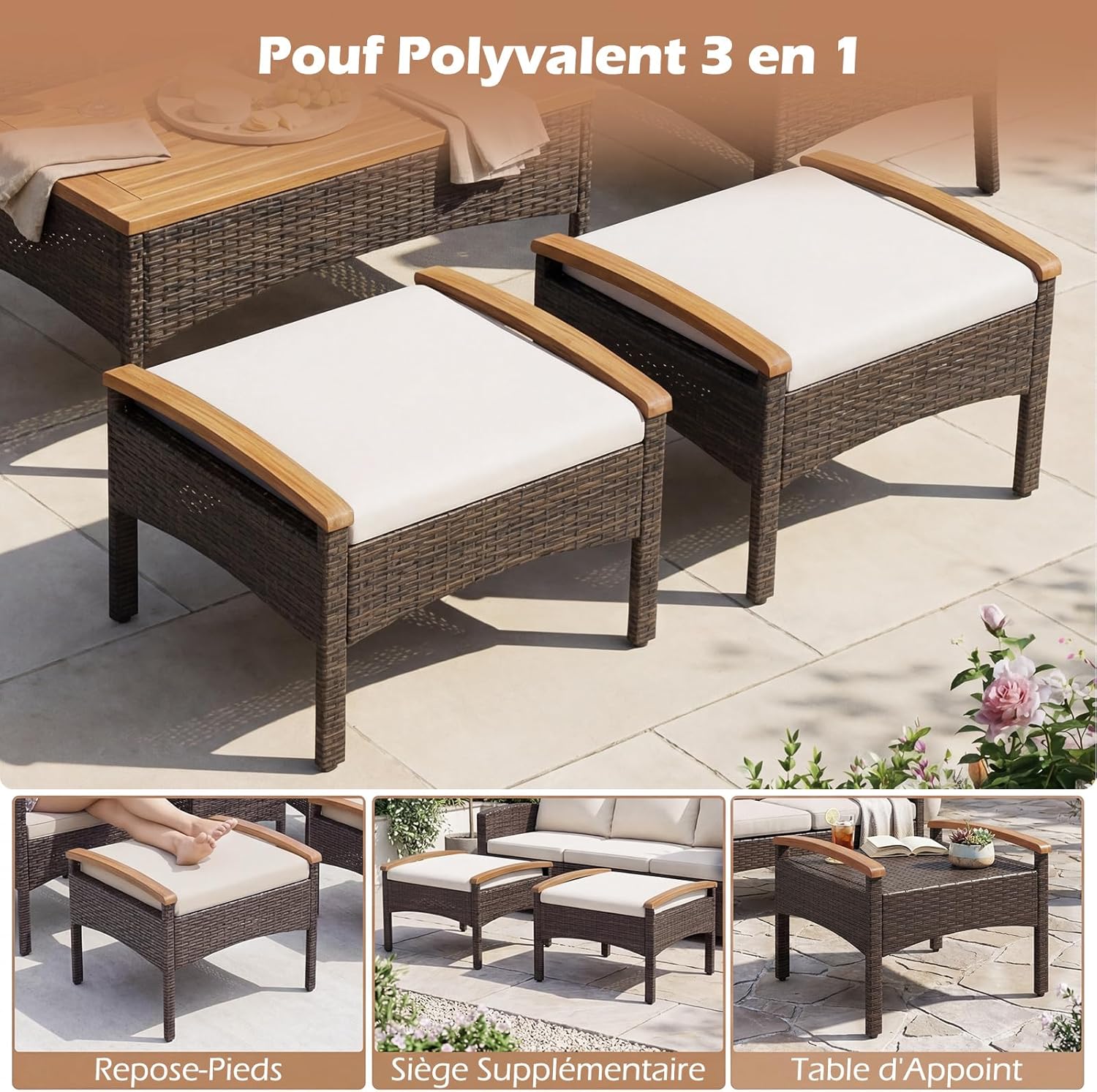 Costway - Salon de jardin 5 pcs - Acacia - Rotin beige, coussins épais