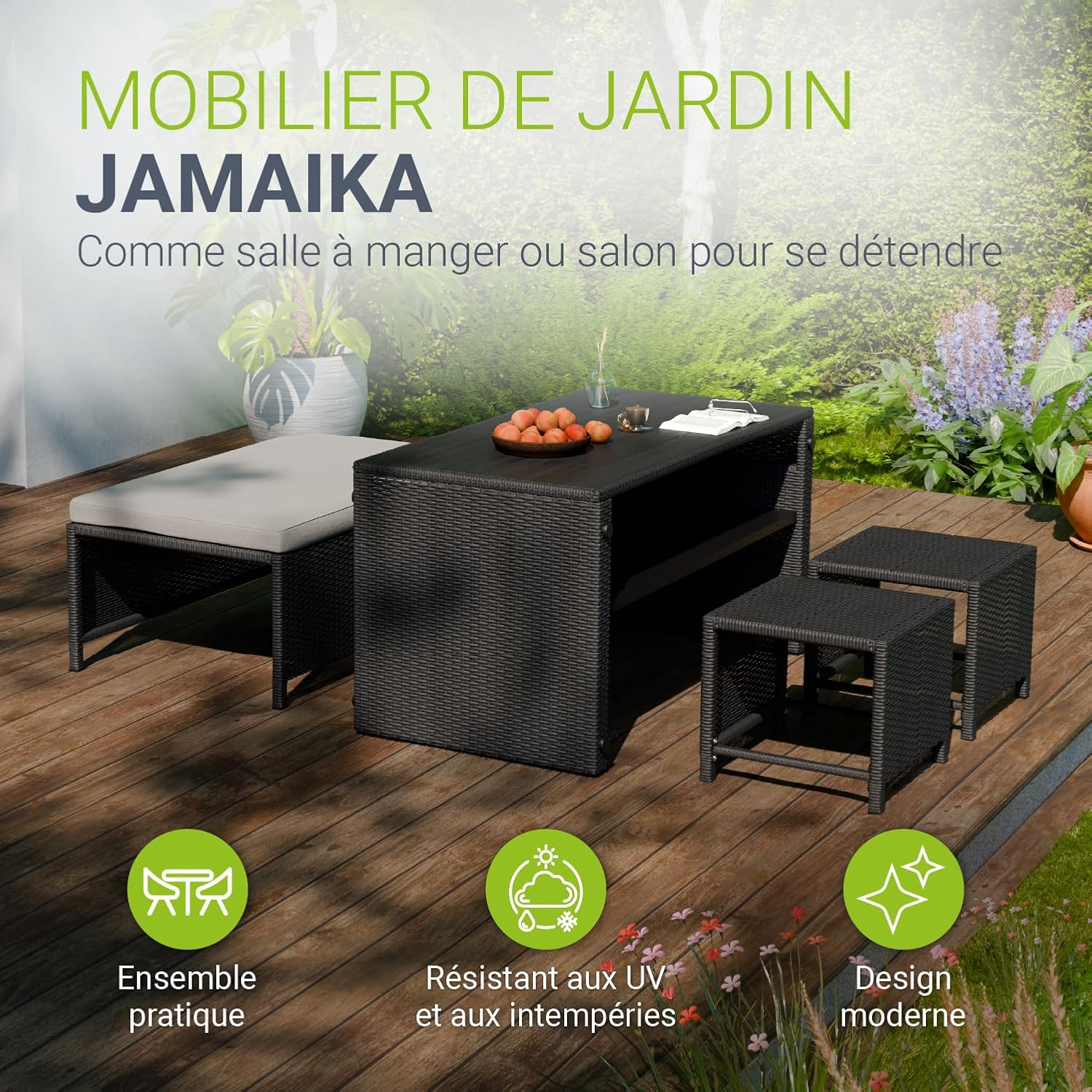 Juskys - Jamaika 2 en 1 - table, banc, 2 tabourets, coussins lavables, noir gris, jusqu'à 4 personnes