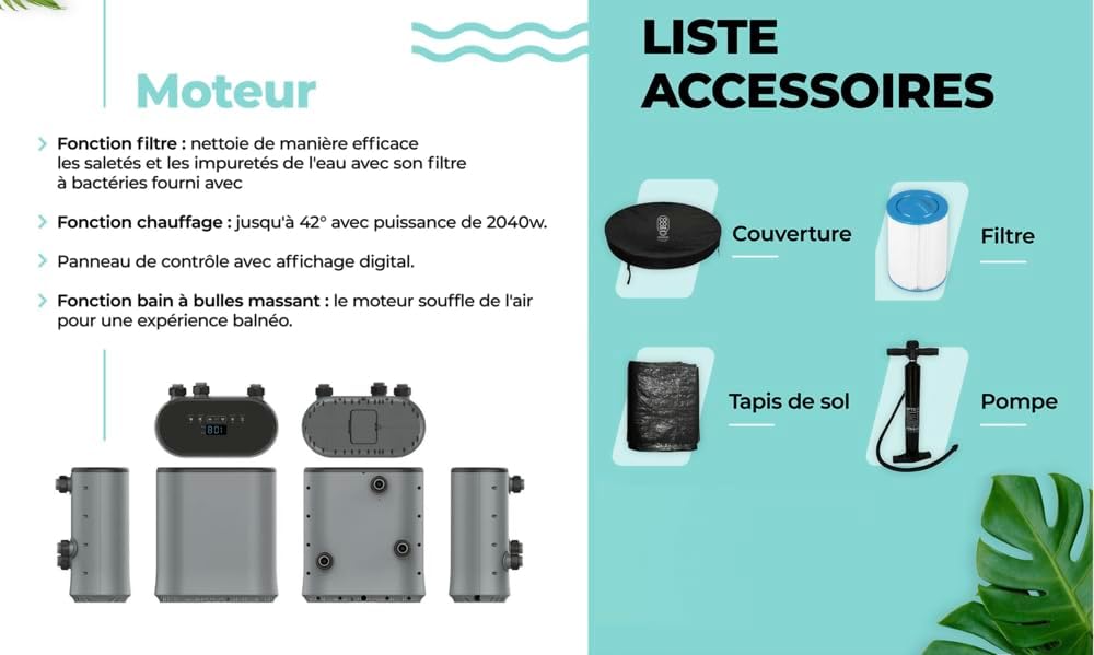 COCO SPA Bali Spa Gonflable - 150 cm de diamètre - 800 litres - Moteur 2240 W - 2 à 4 Personnes - Massage 140 Jets