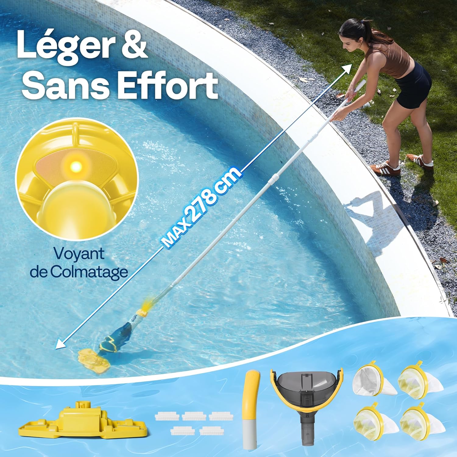 VIVOHOME - Aspirateur piscine sans fil - 278cm - 4200L/H, 4 filtres, autonomie 60min