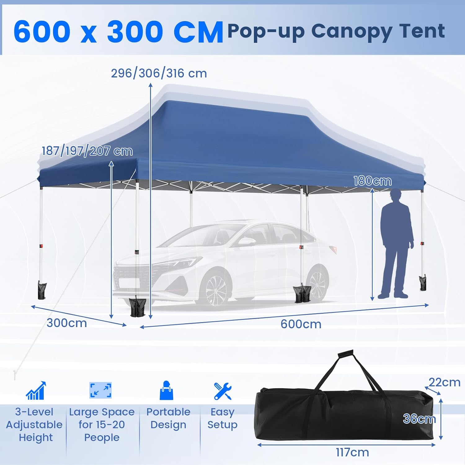 GOPLUS - tonnelle pliante - 3x6m - imperméable, avec sacs, bleu