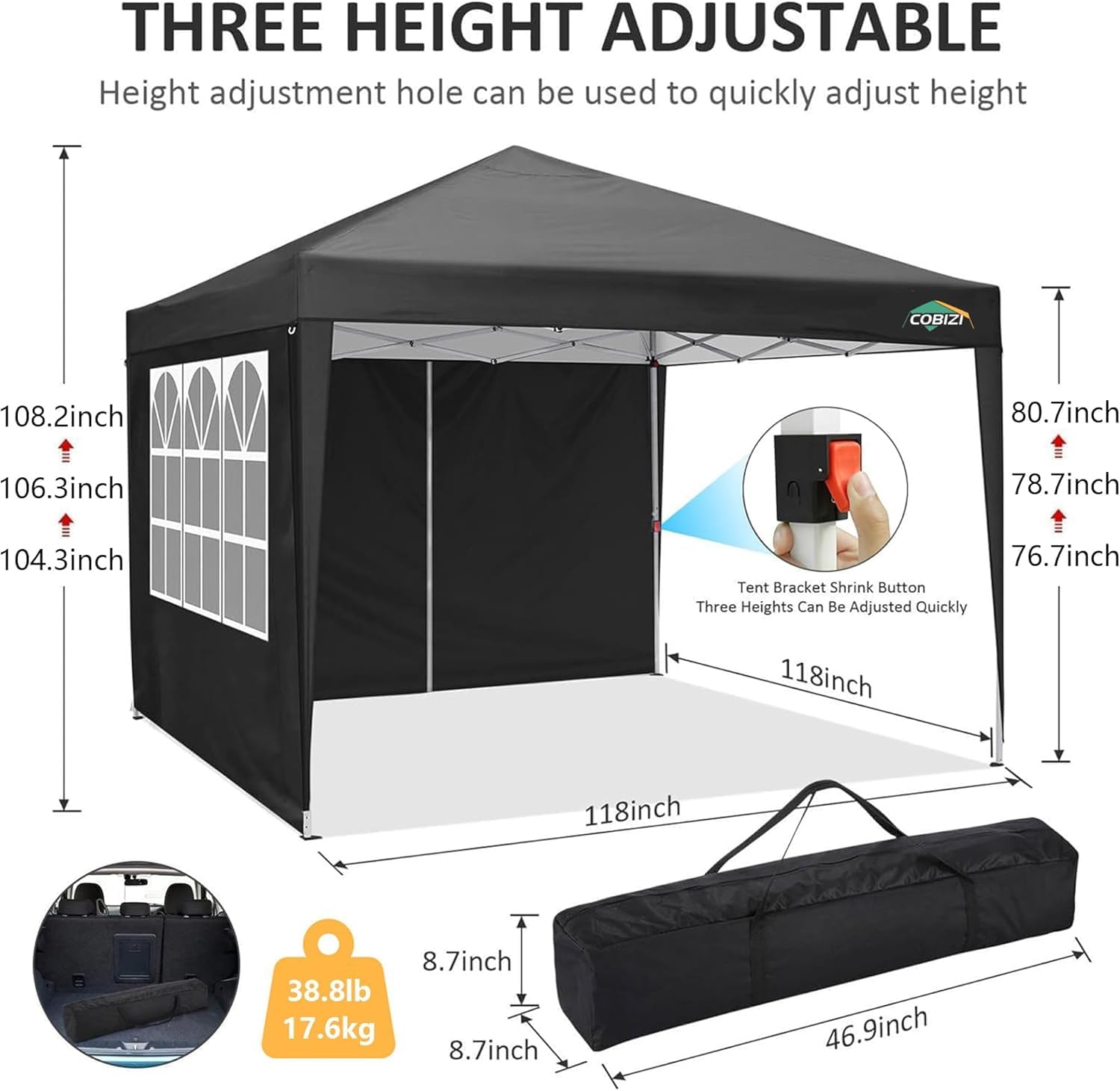 COBIZI - tonnelle jardin pliable 3x3m, 4 pans, imperméable, anti-UV
