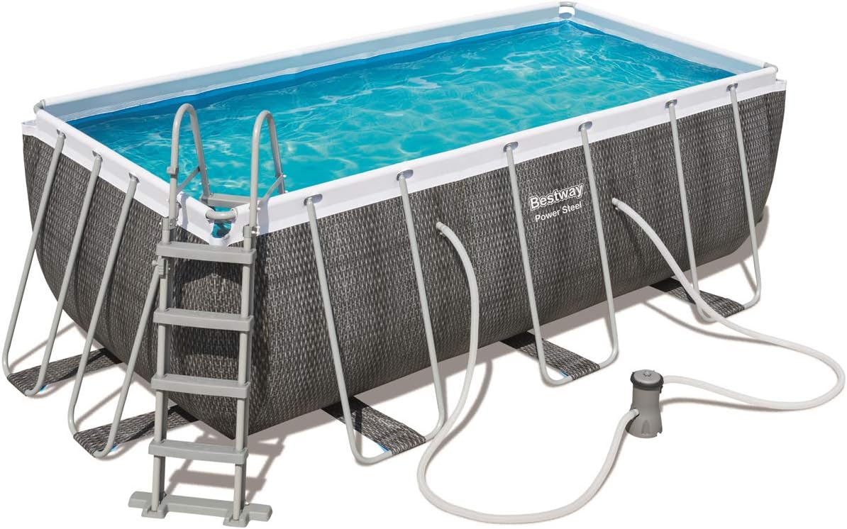 Bestway 56722 Power Steel - Piscine hors sol rectangulaire, 412 x 201 x 122 cm, échelle de sécurité et distributeur chimique ChemConnect, effet rotin gris