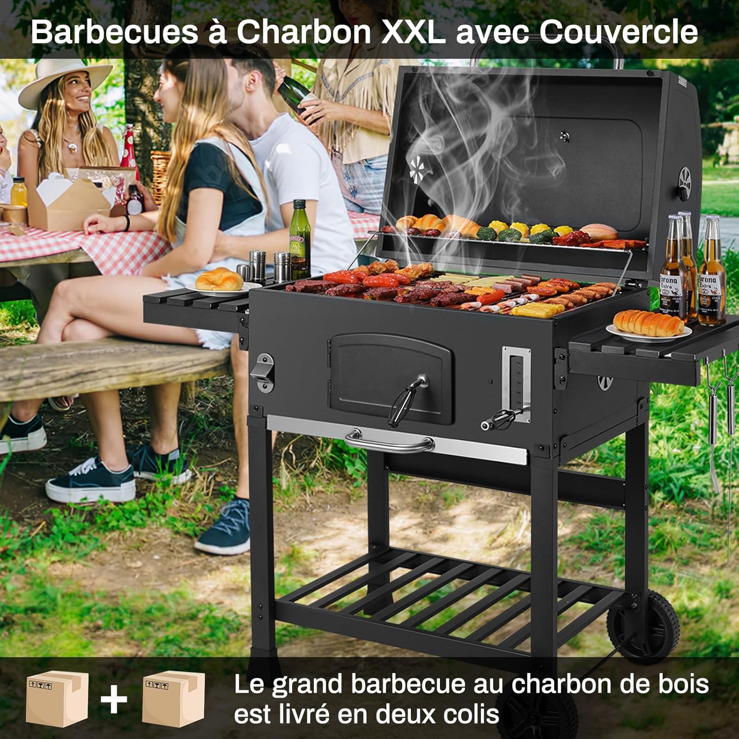 LIFERUN - Barbecue XXL, charbon, chariot, couvercle, thermomètre, fumoir, hauteur réglable