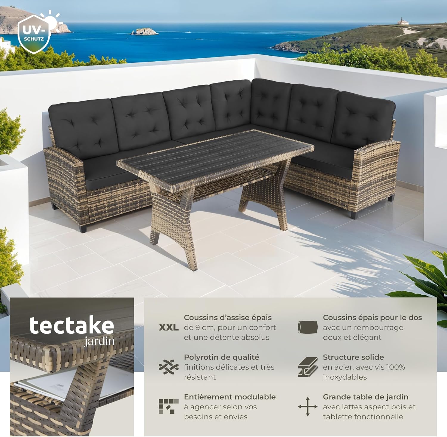 Tectake - salon de jardin XXL 6 places, rotin, coussins moelleux, table