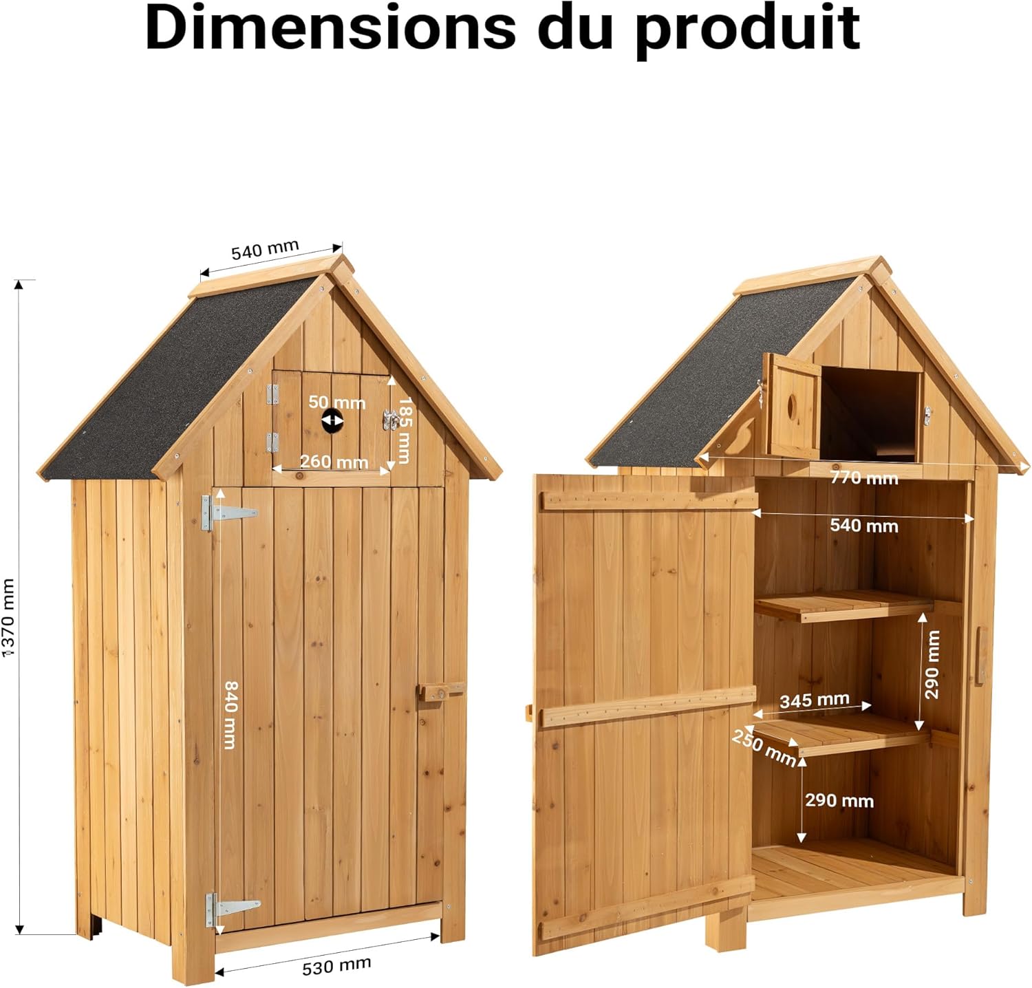 Wiltec - Abri de jardin bois - 770x540x1370mm - toit bitume, 2 portes