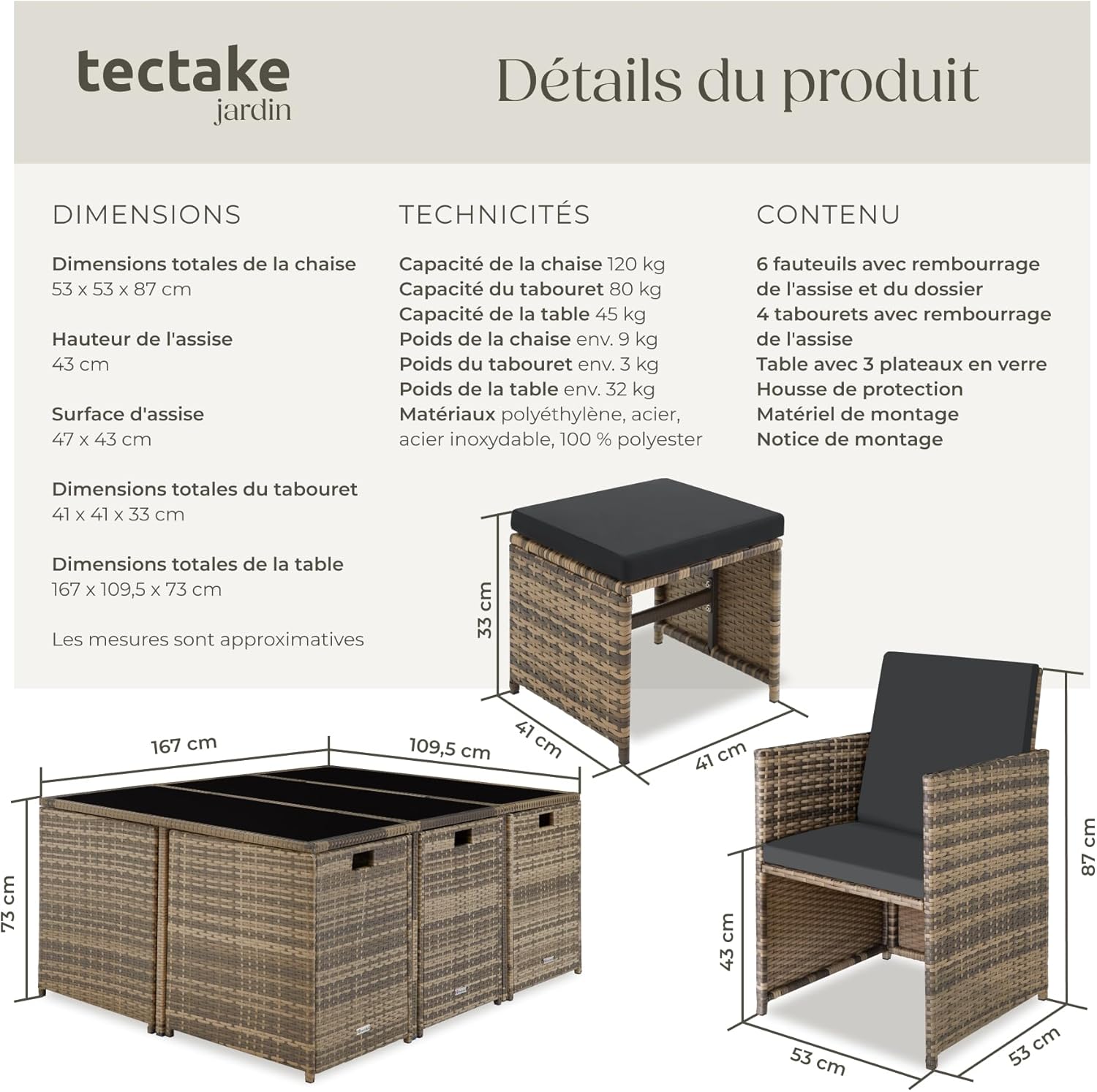 tectake - salon de jardin poly rotin 10 pers., housse, entretien facile