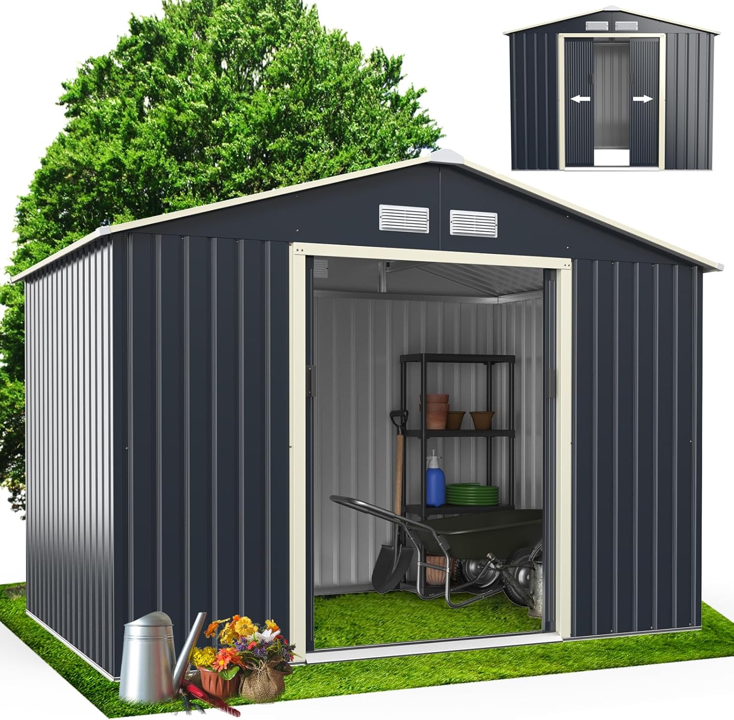 RELAX4LIFE Abri de Jardin Métal 5m2 avec Porte Coulissante Toit en Pente, Cabane de Jardin Extérieur 277x192x202cm Bricolage Rangement Cananon de Jardin résistant aux intempéries