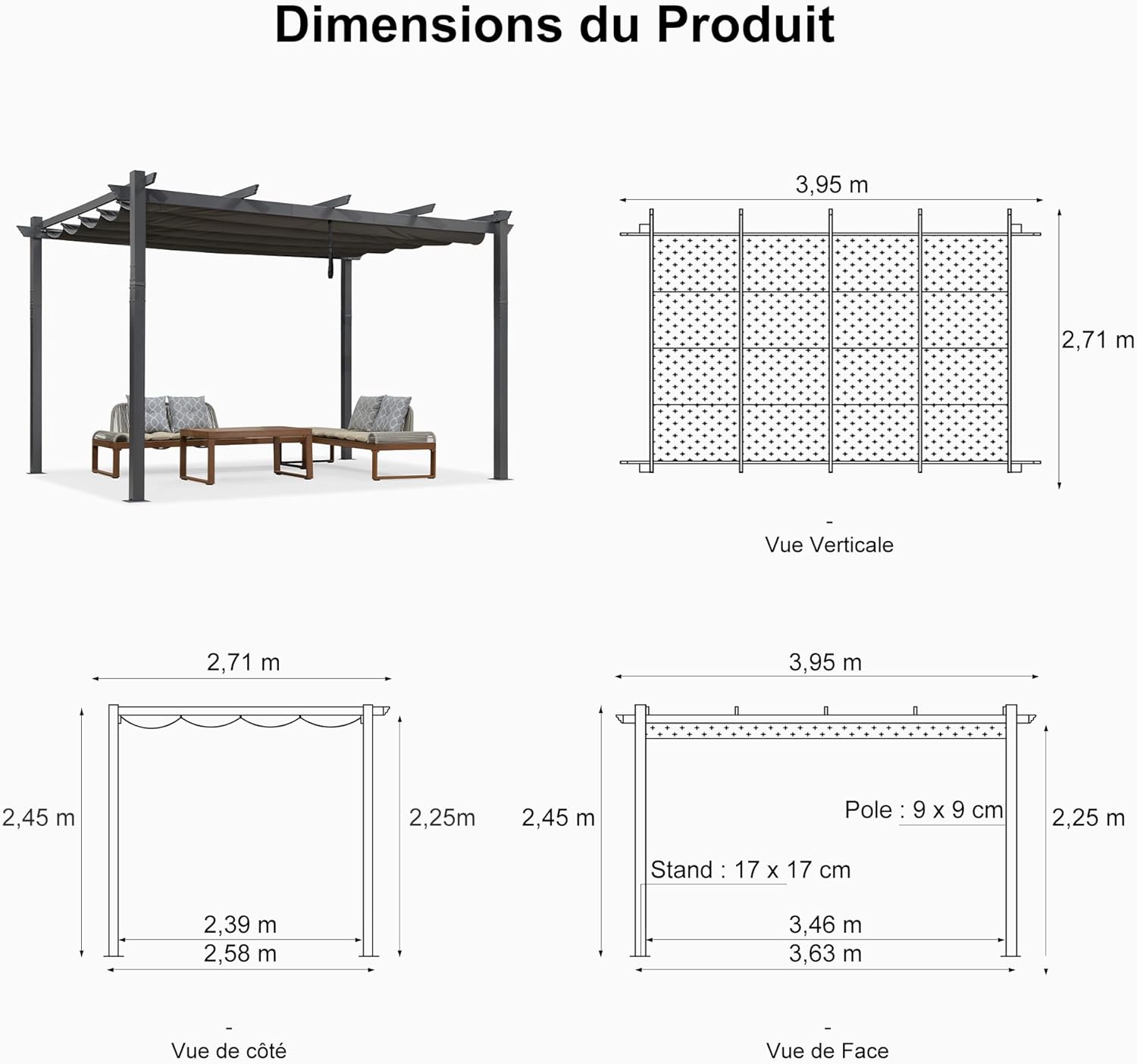 PURPLE LEAF - Pergola murale série aluminium 4x2,7m toit coulissant, tissu teint, gris