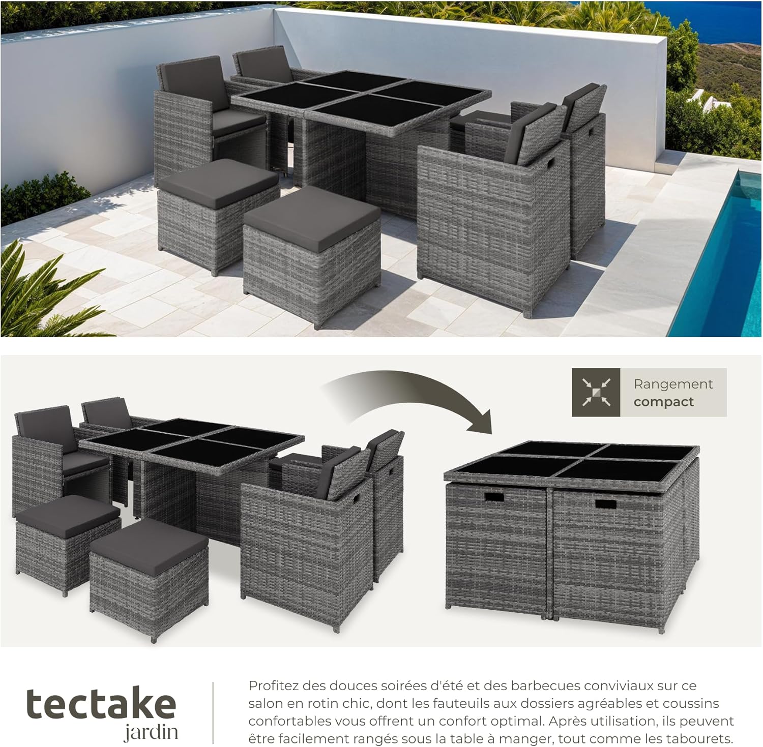 tectake - Salon de jardin 8 places aluminium rotin gris, confortable