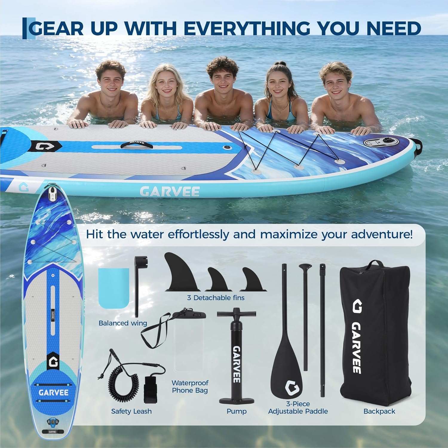 Garvee Sup Gonflable 10'6'' (323x81x15cm) – Large et Stable, Surface antidérapante EVA – Capacité 200 kg – 3 ailerons – Accessoires Inclus – Taille : 323 * 81 * 15