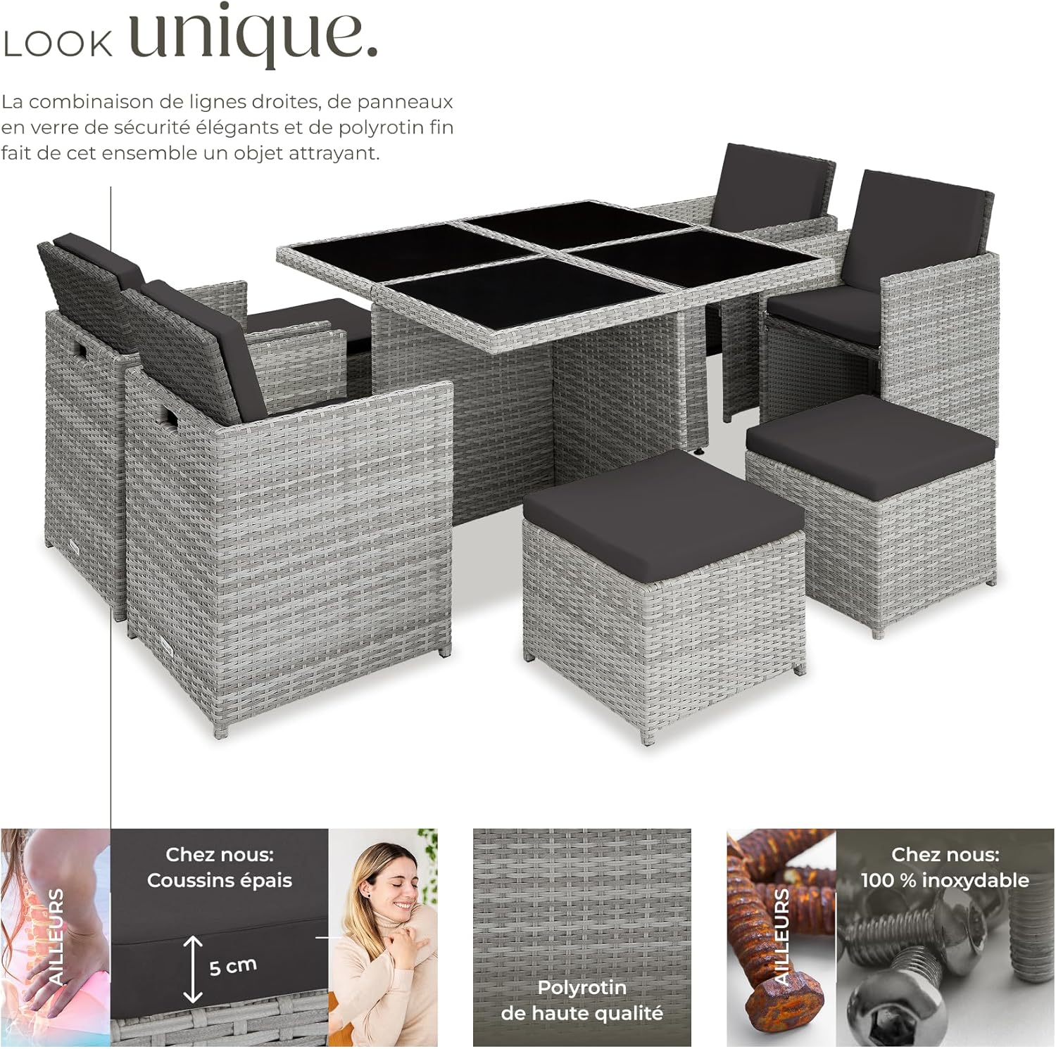 tectake - Salon de jardin extérieur 8 places - alu, polyrotin, table large, gris clair